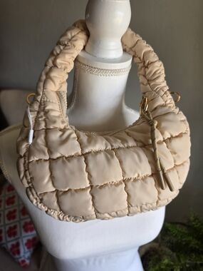 Urban Expressions Small Nylon Quilted Crescent Hobo - Cream
